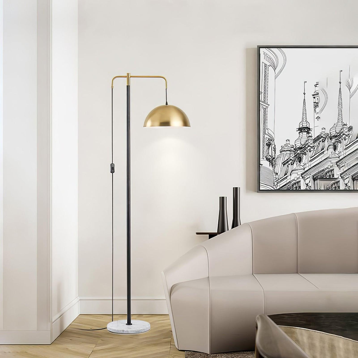 Lumirette golvlampa med mässingsbåge