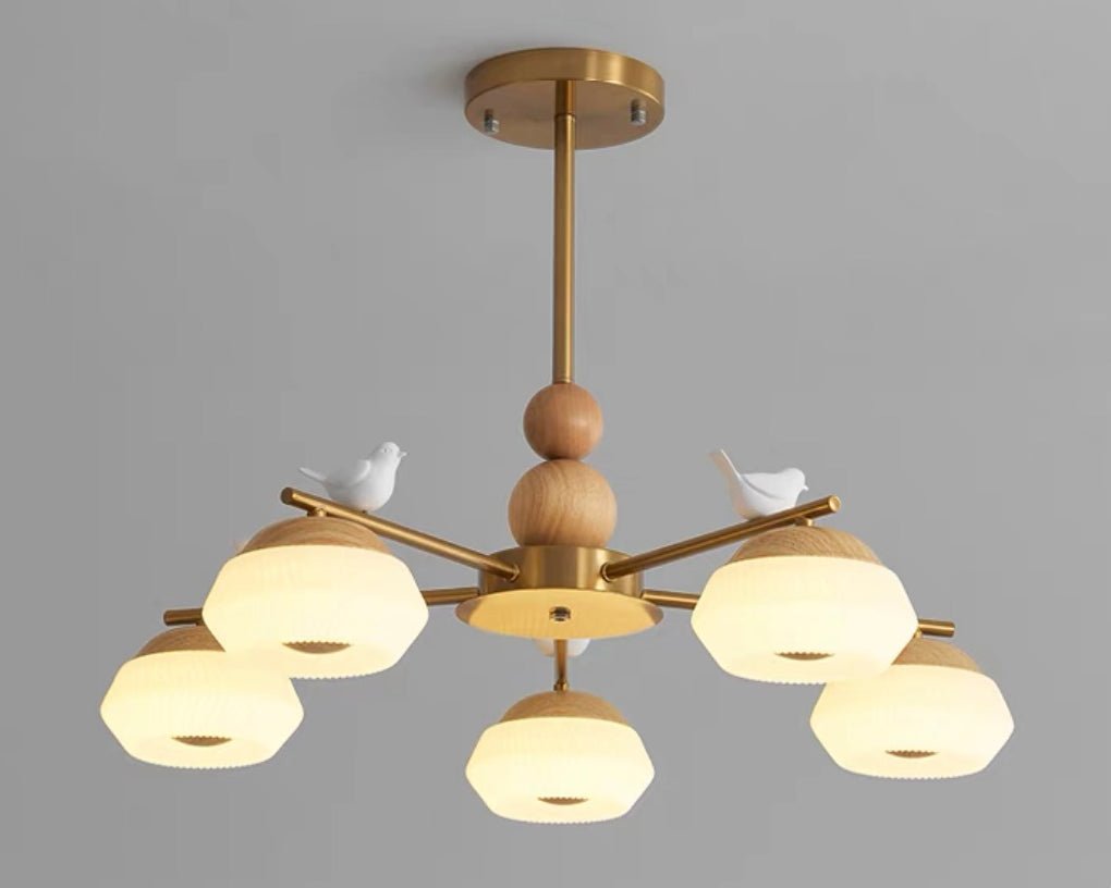 Candeeiro de teto Ozawa elegante, de latão, com pássaros Orieraine