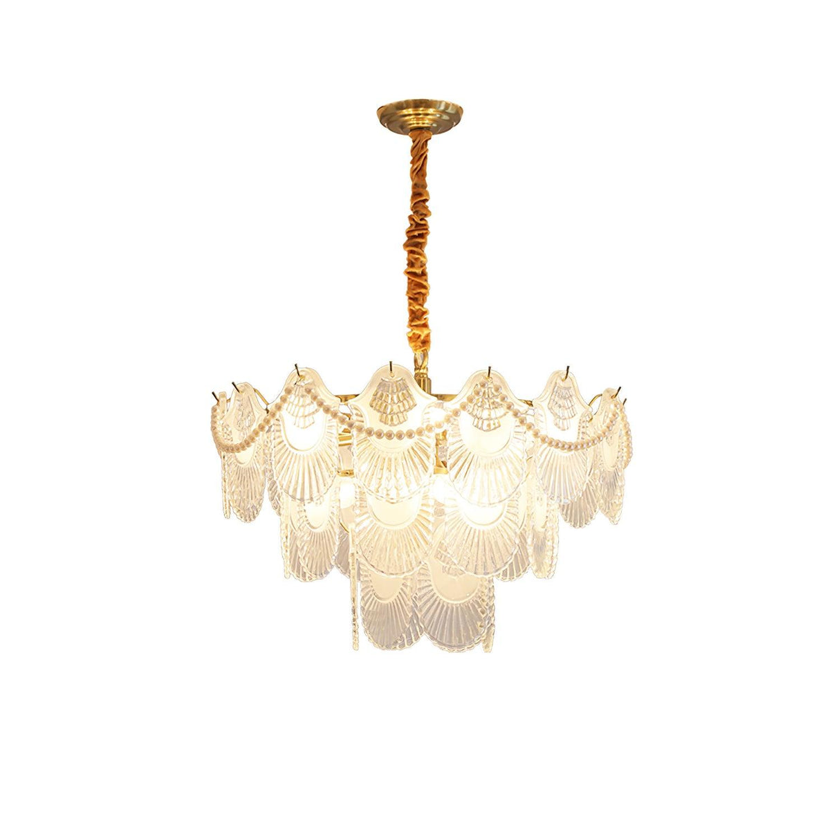 Liorelelle lysekrone i perlemorsglas med muslingeskaldesign
