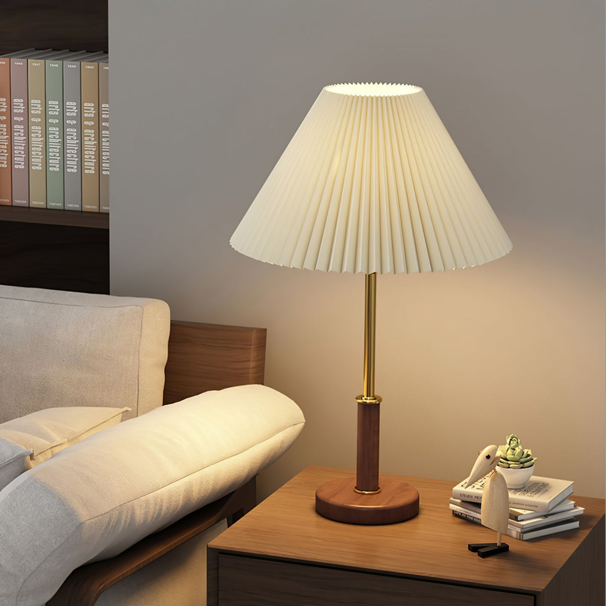 Fiora plisseret bordlampe i valnøddetræ