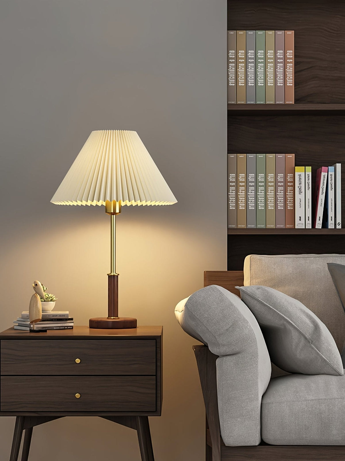 Fiora plisseret bordlampe i valnøddetræ