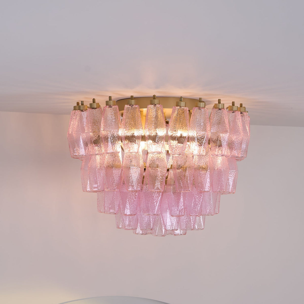 Candeeiro de teto Celelaya Poliedri em vidro Murano cor-de-rosa, em camadas e de montagem embutida
