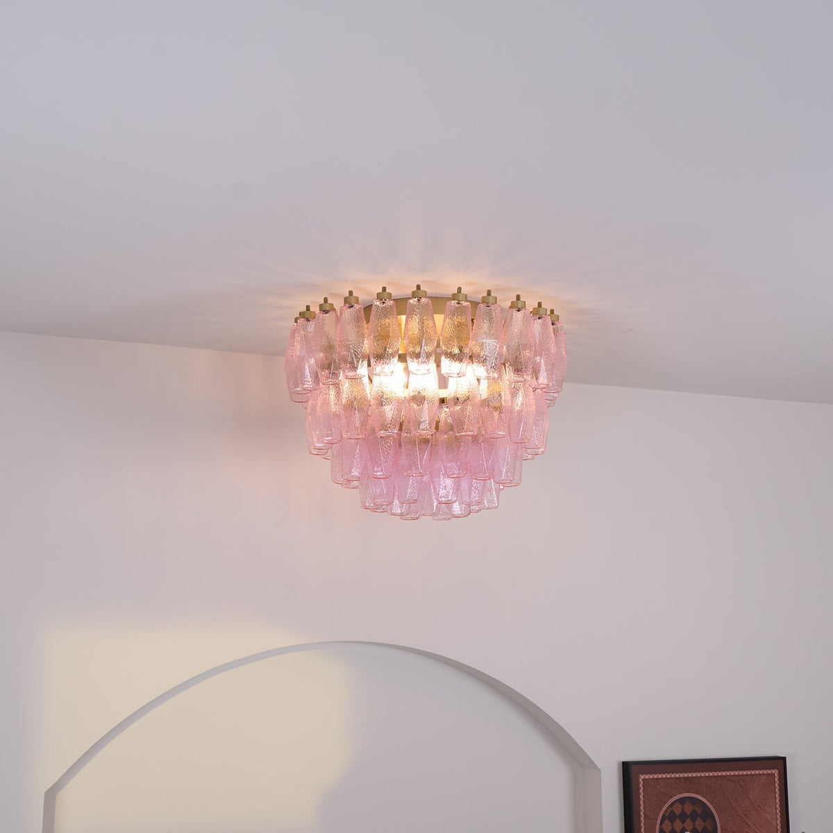 Candeeiro de teto Celelaya Poliedri em vidro Murano cor-de-rosa, em camadas e de montagem embutida