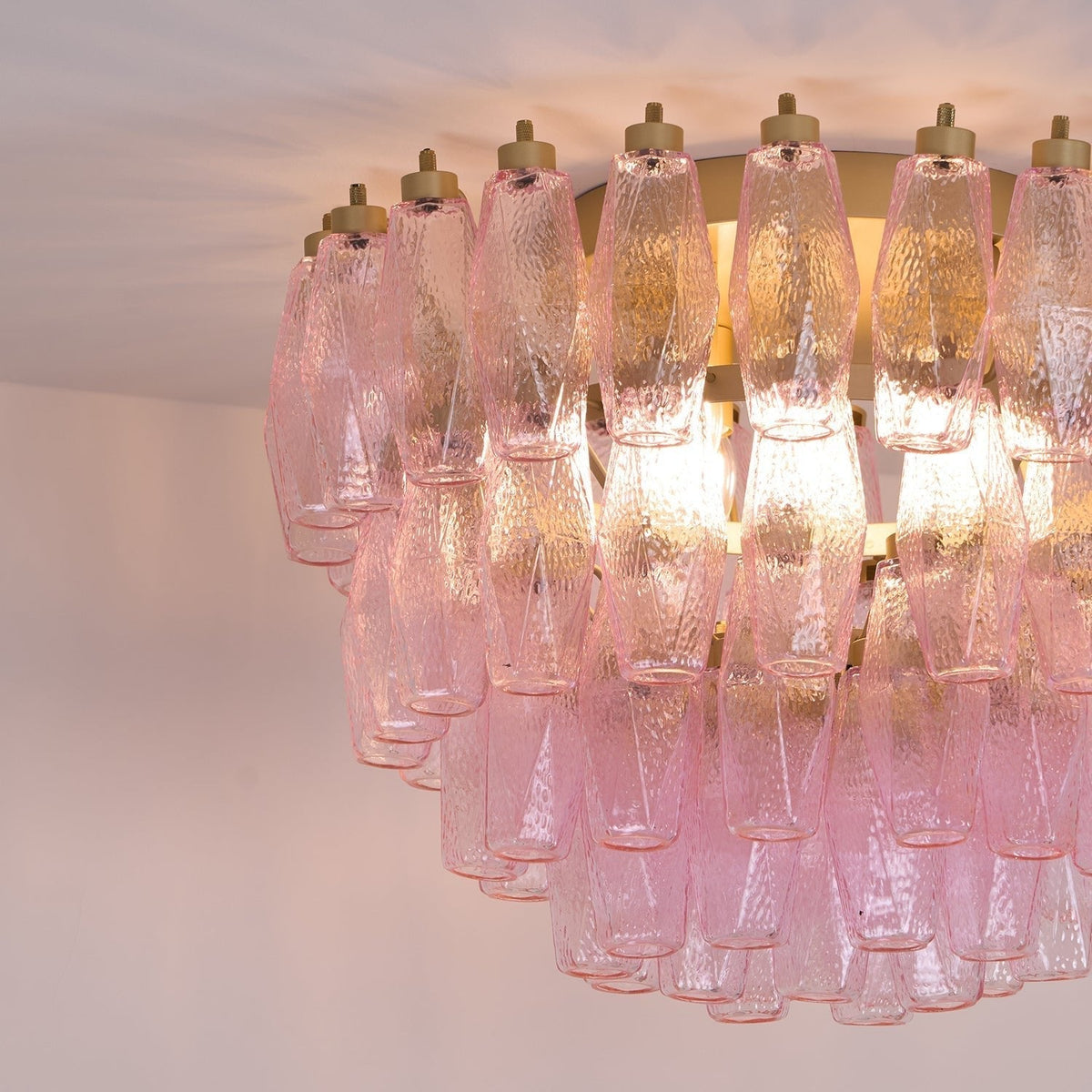 Candeeiro de teto Celelaya Poliedri em vidro Murano cor-de-rosa, em camadas e de montagem embutida