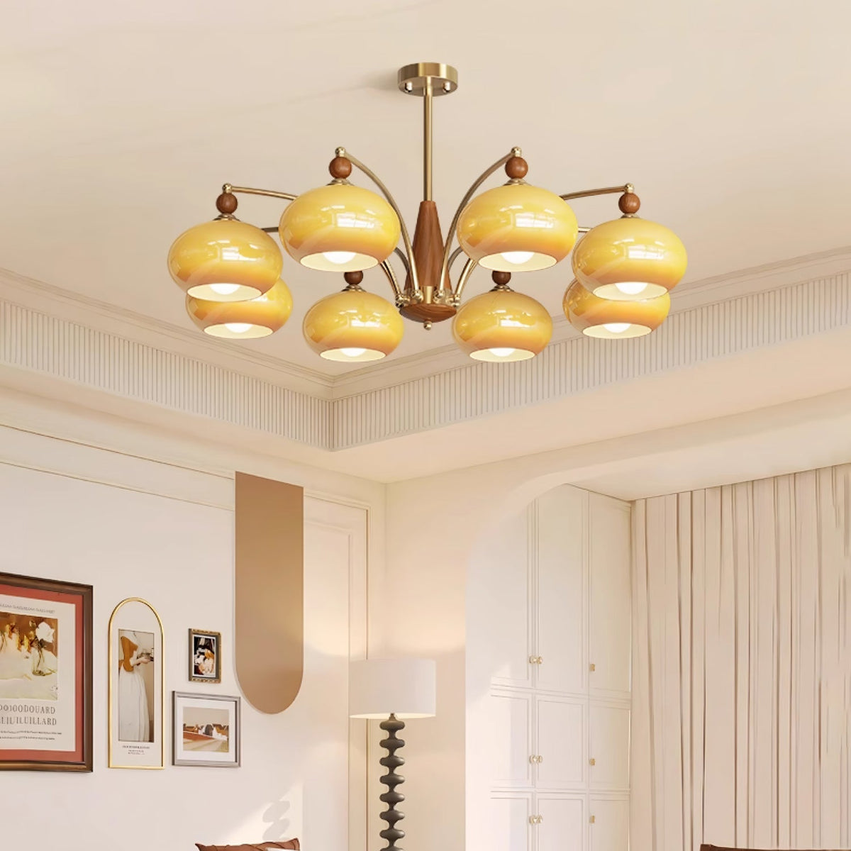 Candeeiro suspenso Vevely retro em vidro amarelo e latão