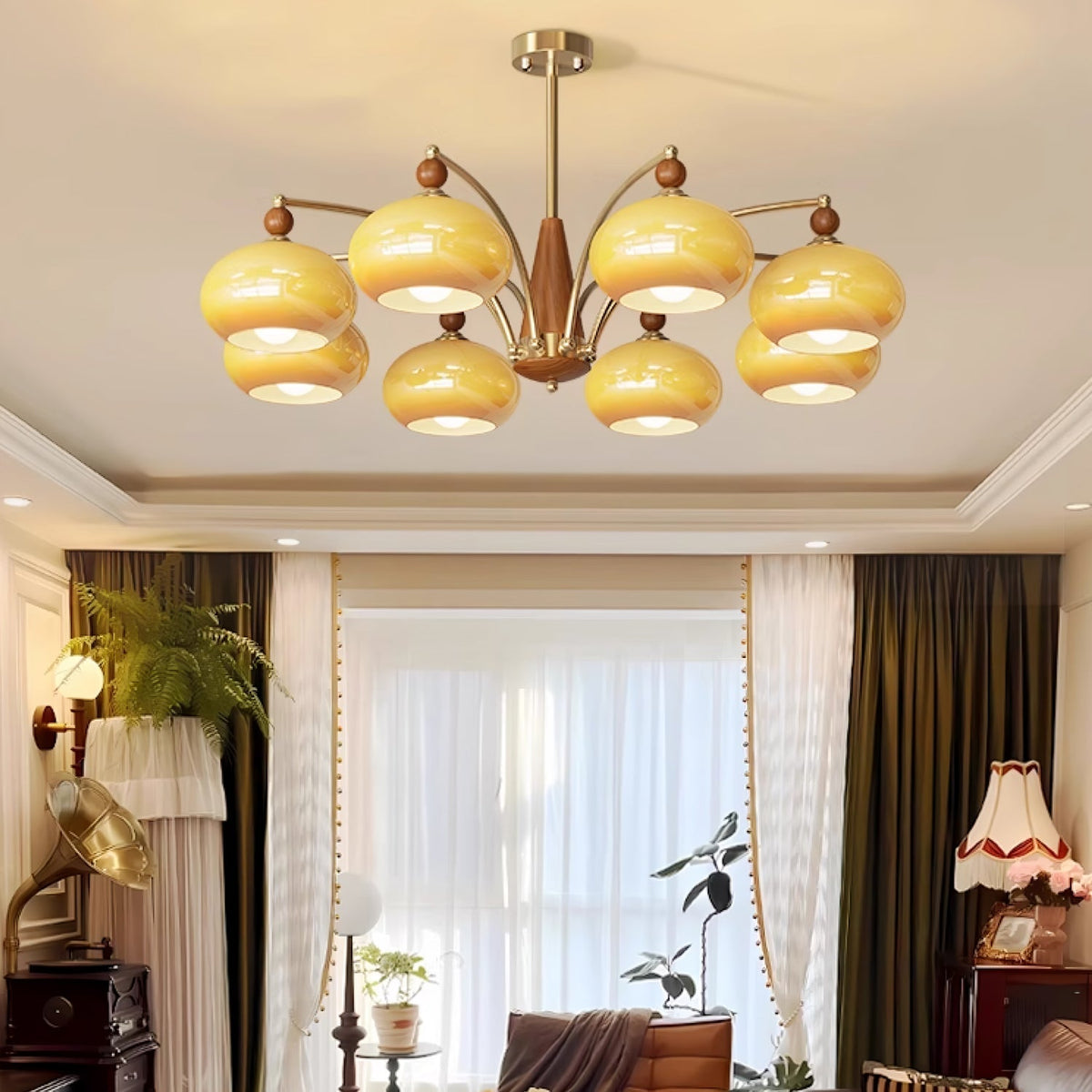 Candeeiro suspenso Vevely retro em vidro amarelo e latão