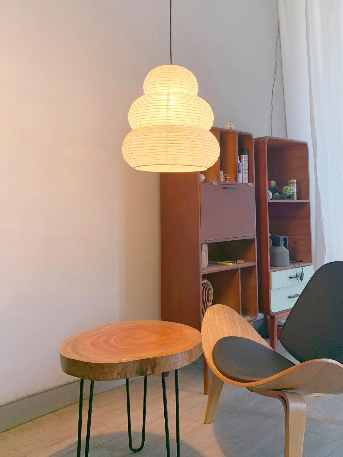 Solara japansk pendellampe med lagdelt washi-papirlanterne til stuen