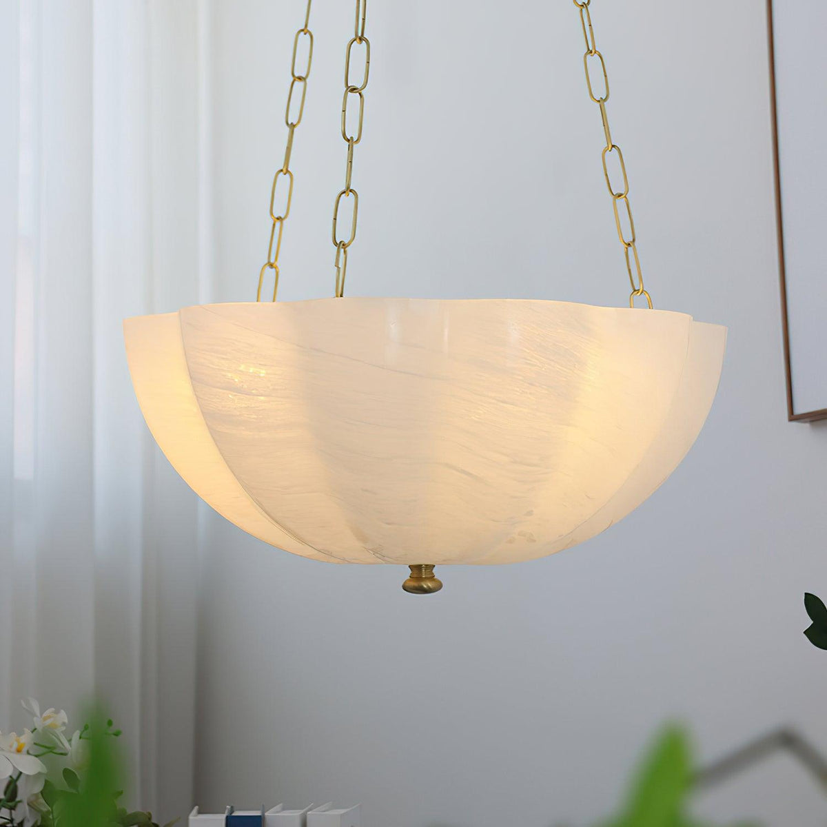 Voriq ljósakróna úr gleri með skál, látúnskeðju
