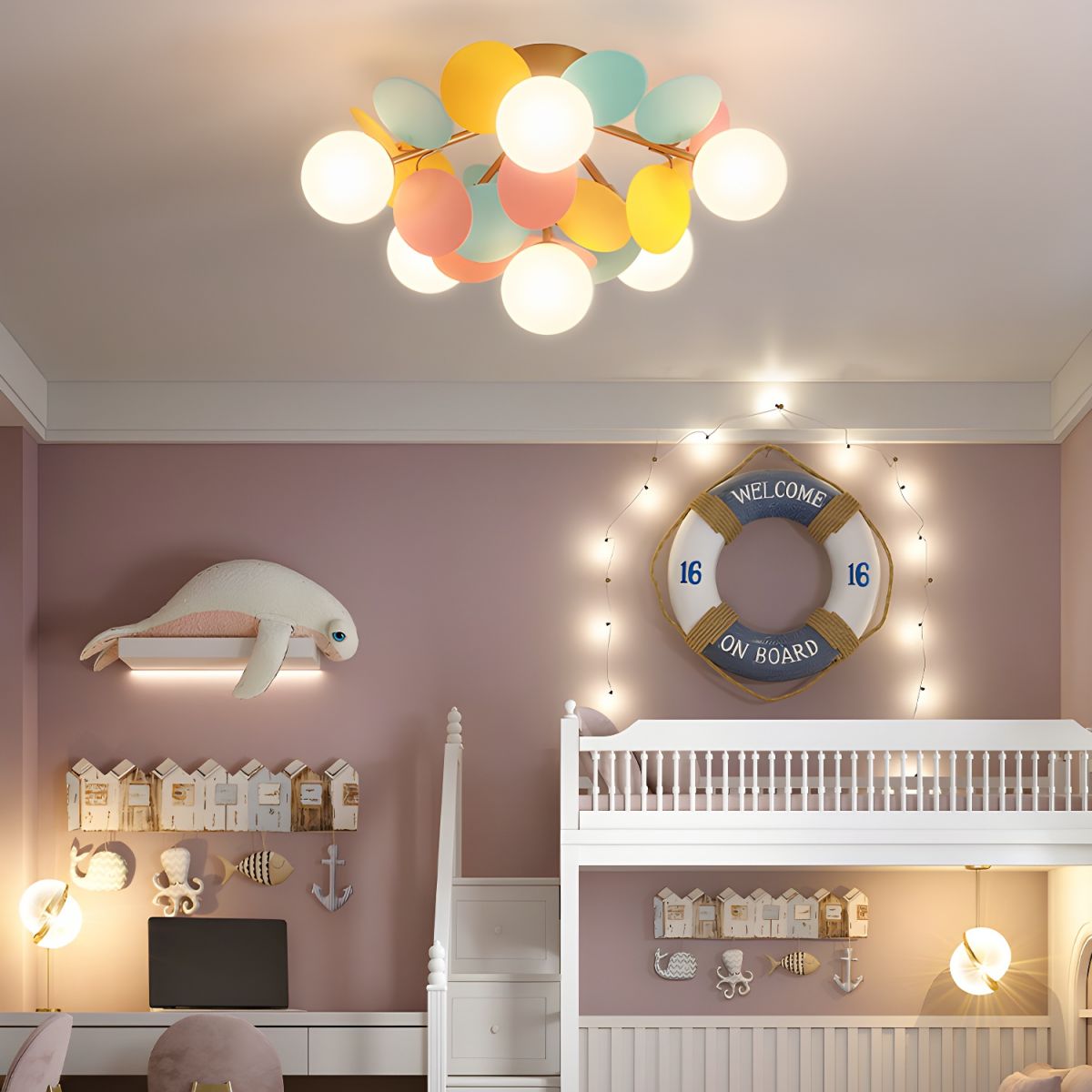 Renanina rund loftslampe i makronstil med pastelfarver