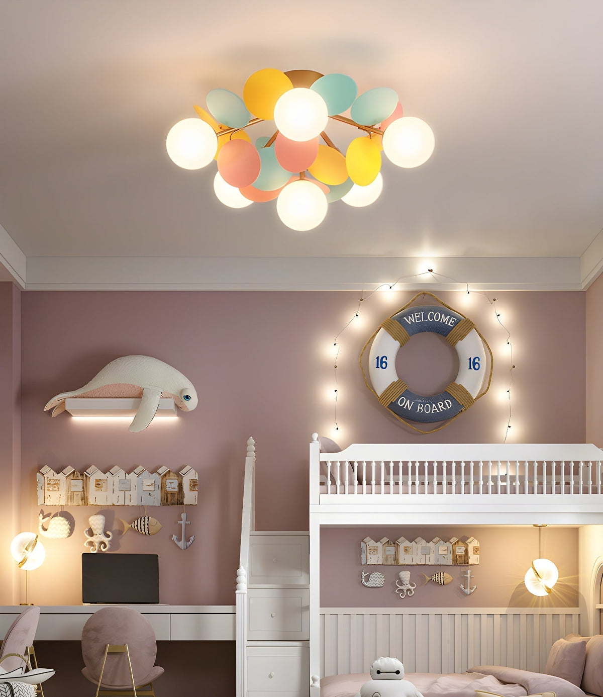 Renanina rund loftslampe i makronstil med pastelfarver