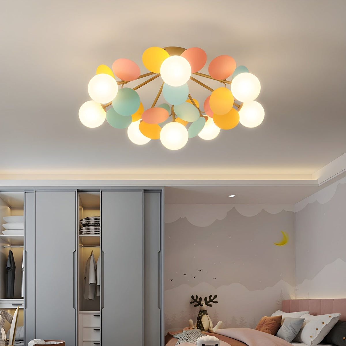 Renanina rund loftslampe i makronstil med pastelfarver