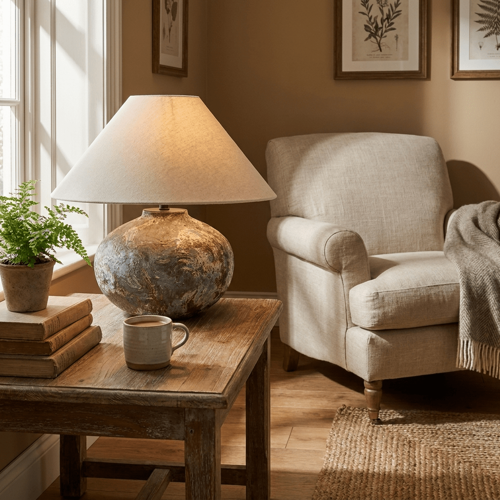 Odrielle bordlampe i keramisk materiale med slidt look
