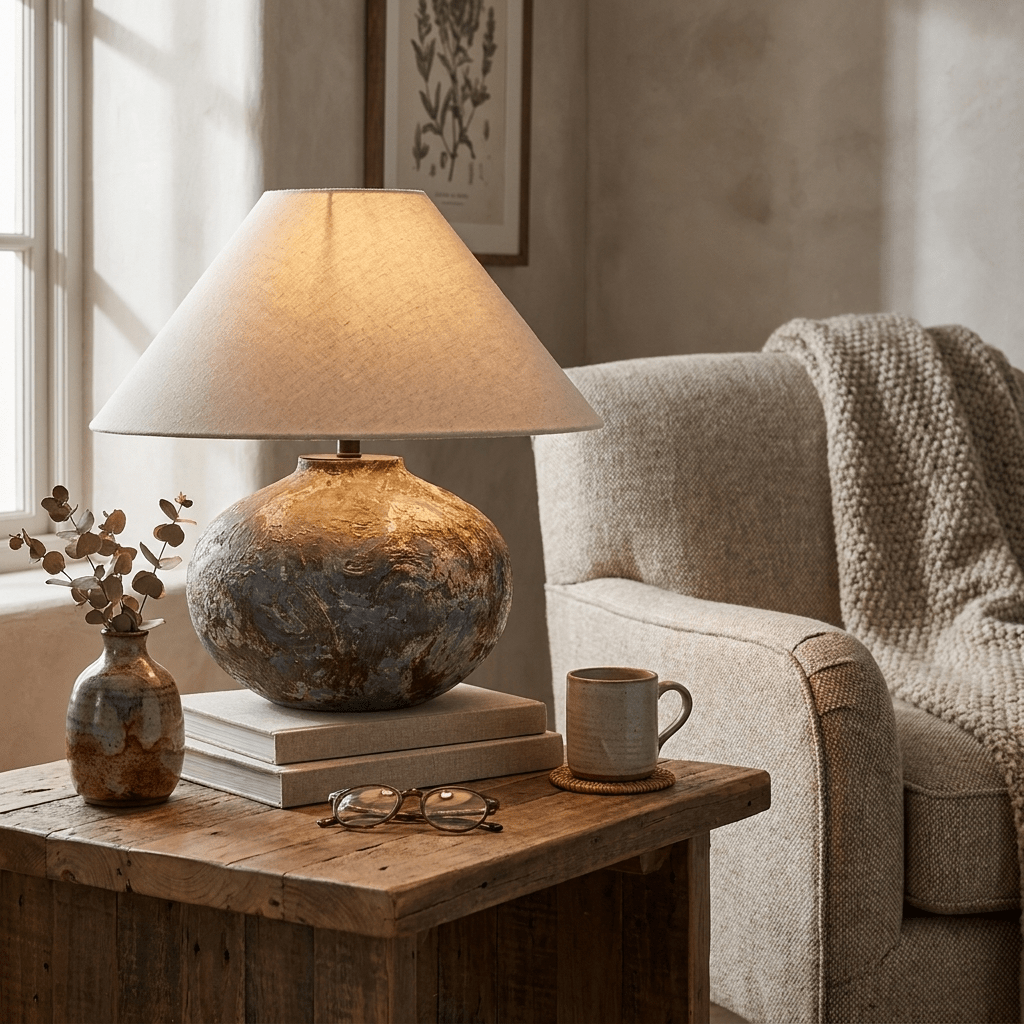Odrielle bordlampe i keramisk materiale med slidt look