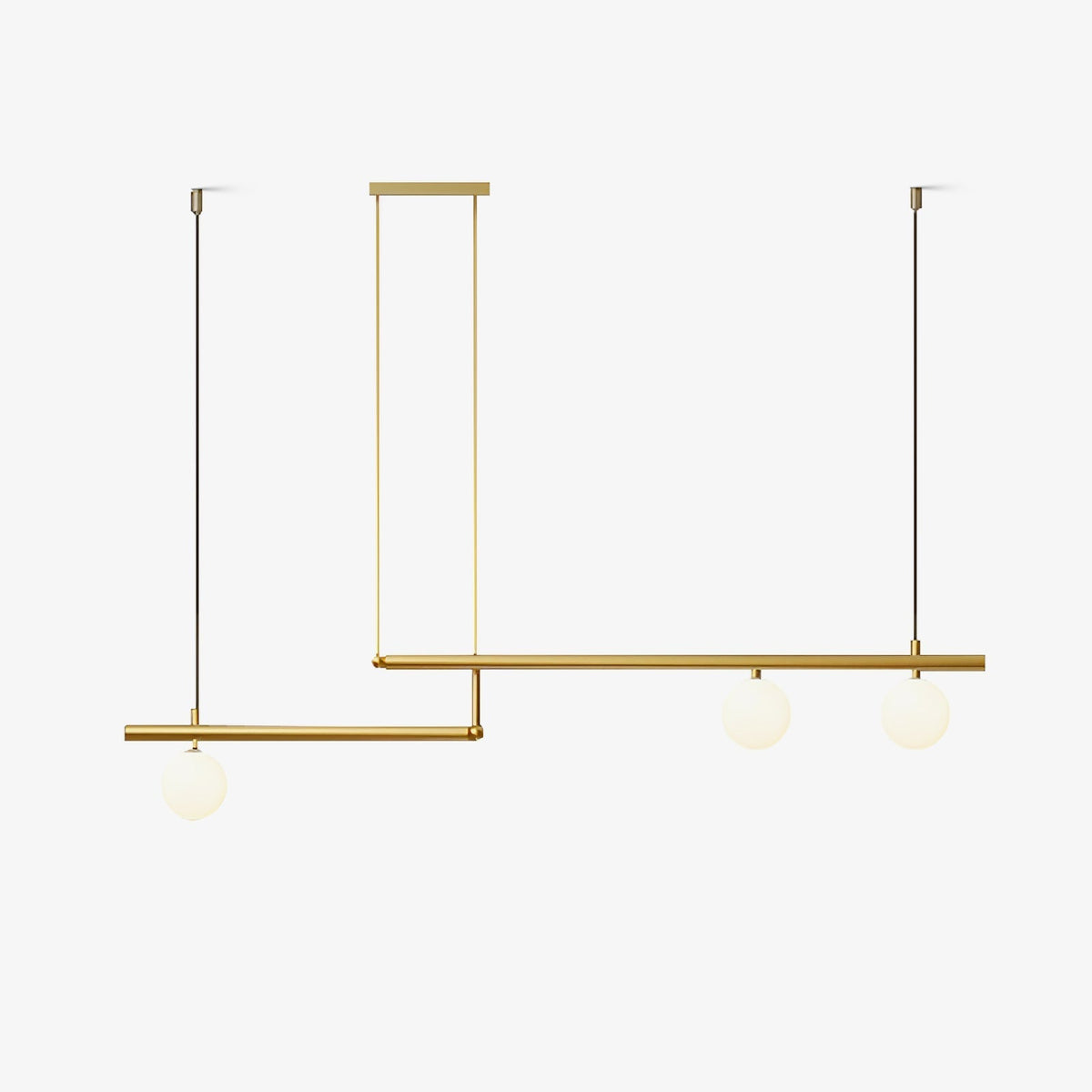 Estix pendellampe i messing, lineær, satellit, minimalistisk