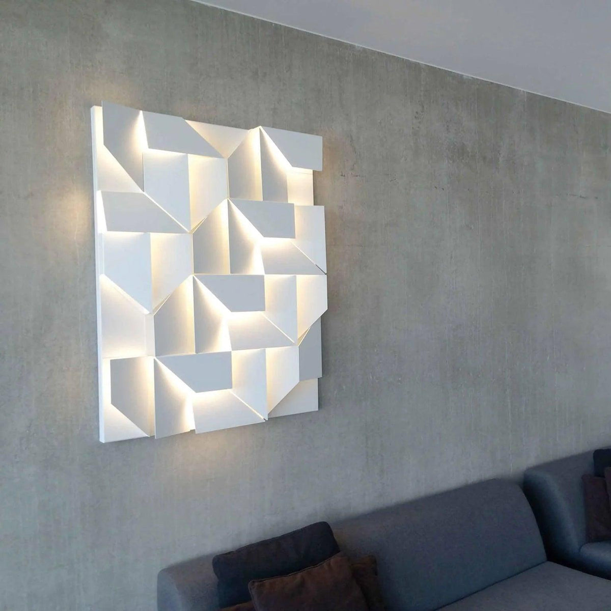 Væglampe med 3D-geometriske paneler, lagdelt lyskunst, fjernbetjent dæmpning, moderne
