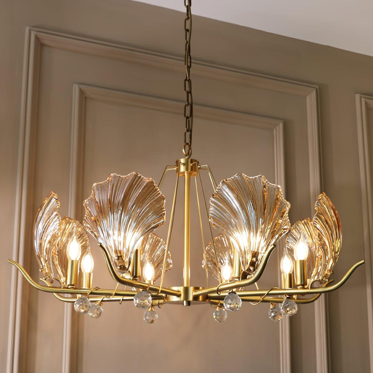 Candeeiro de teto Luxereon em cobre, com folhas de cristal