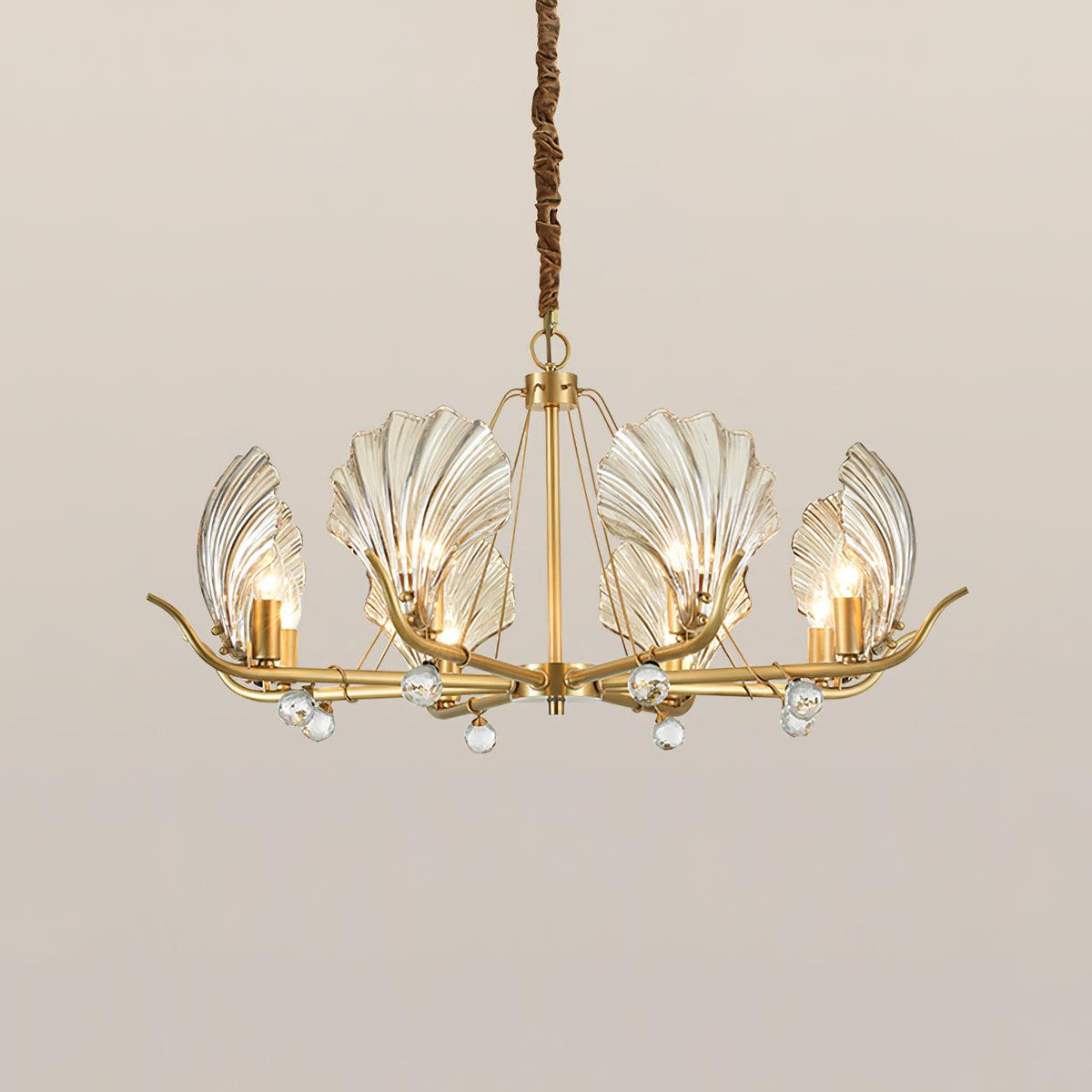Candeeiro de teto Luxereon em cobre, com folhas de cristal