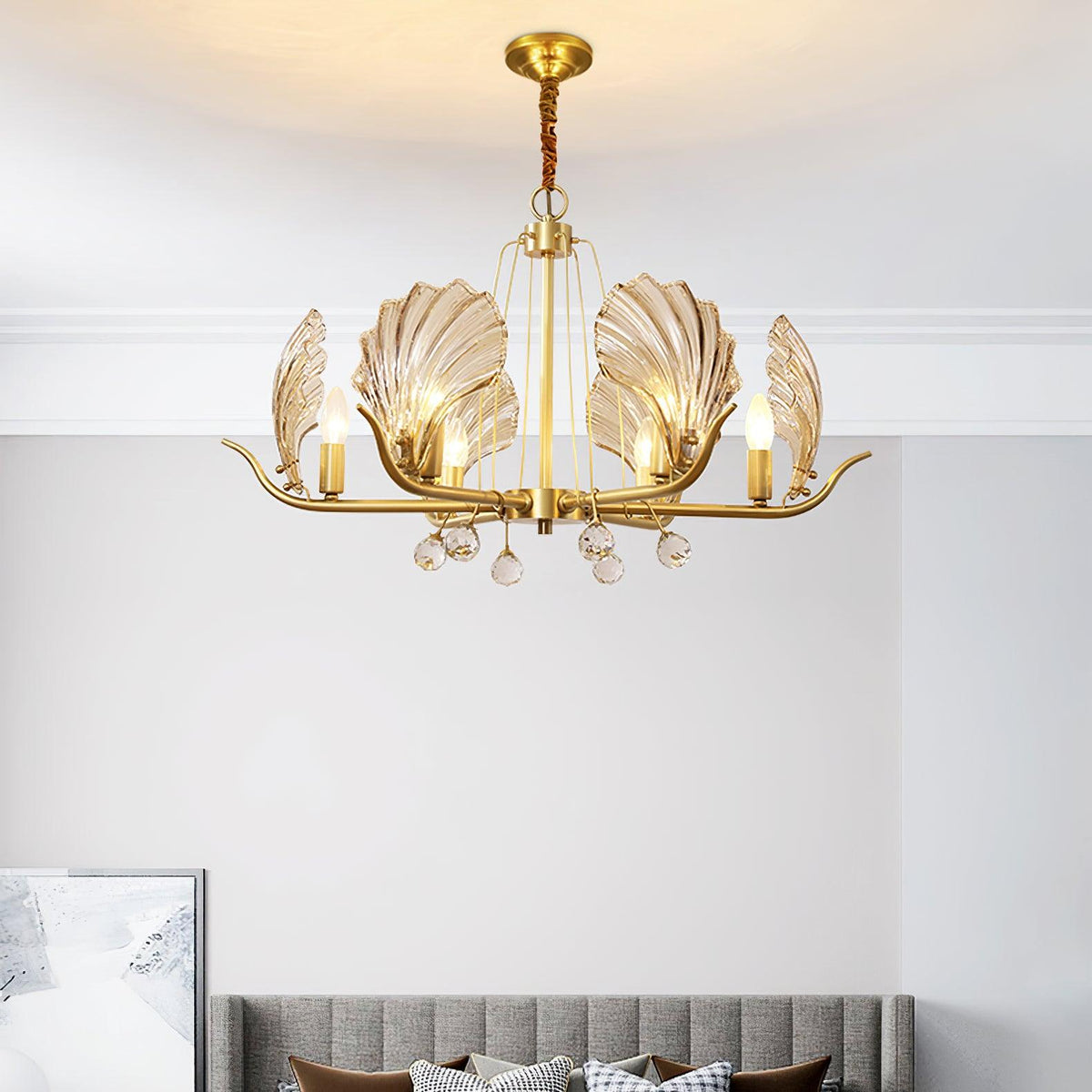 Candeeiro de teto Luxereon em cobre, com folhas de cristal