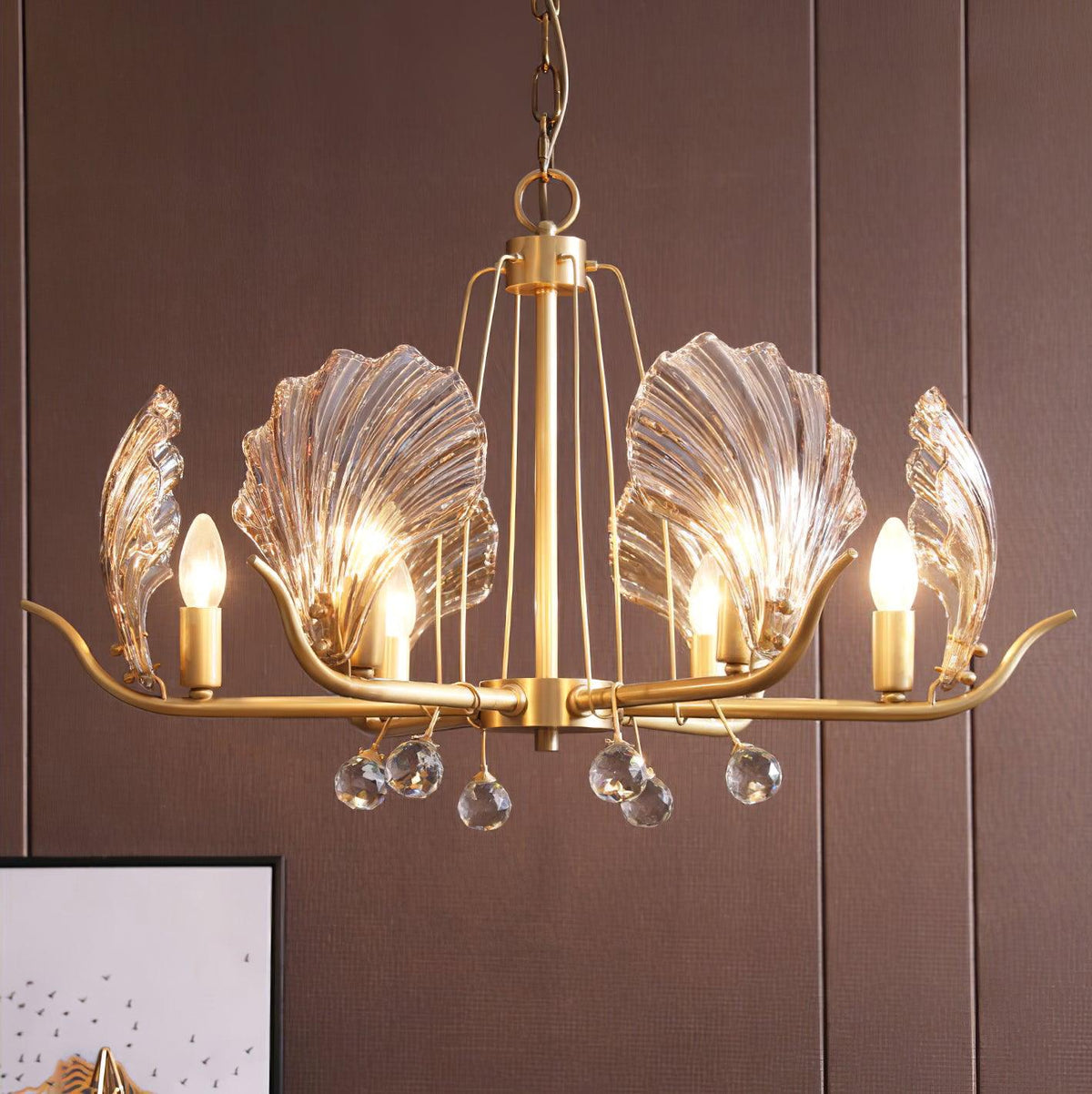 Candeeiro de teto Luxereon em cobre, com folhas de cristal