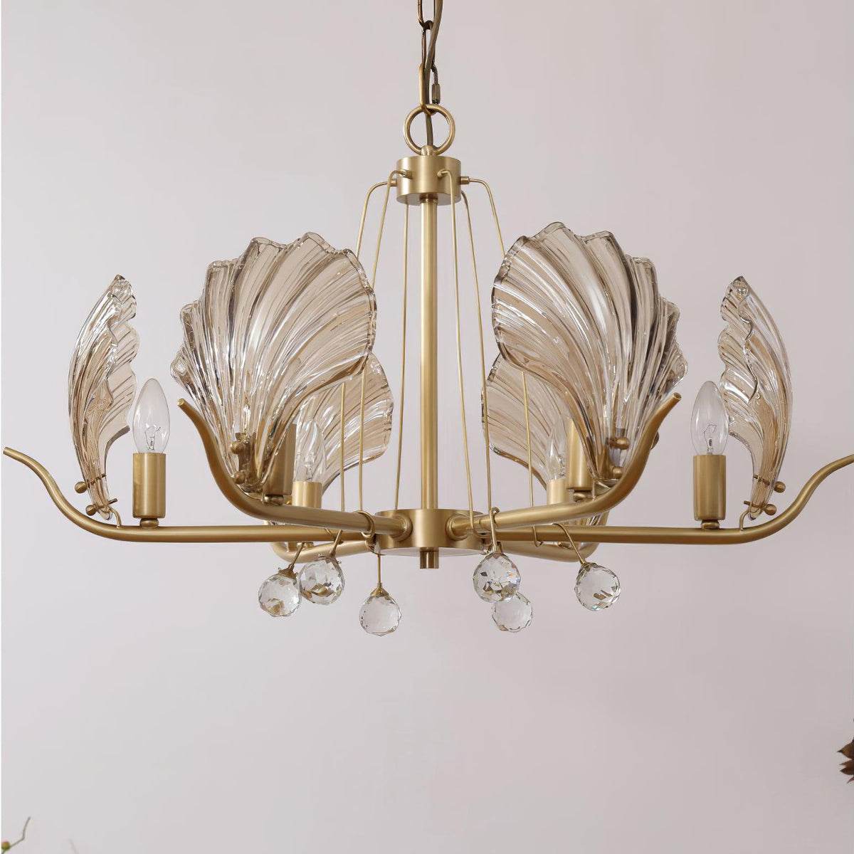 Candeeiro de teto Luxereon em cobre, com folhas de cristal