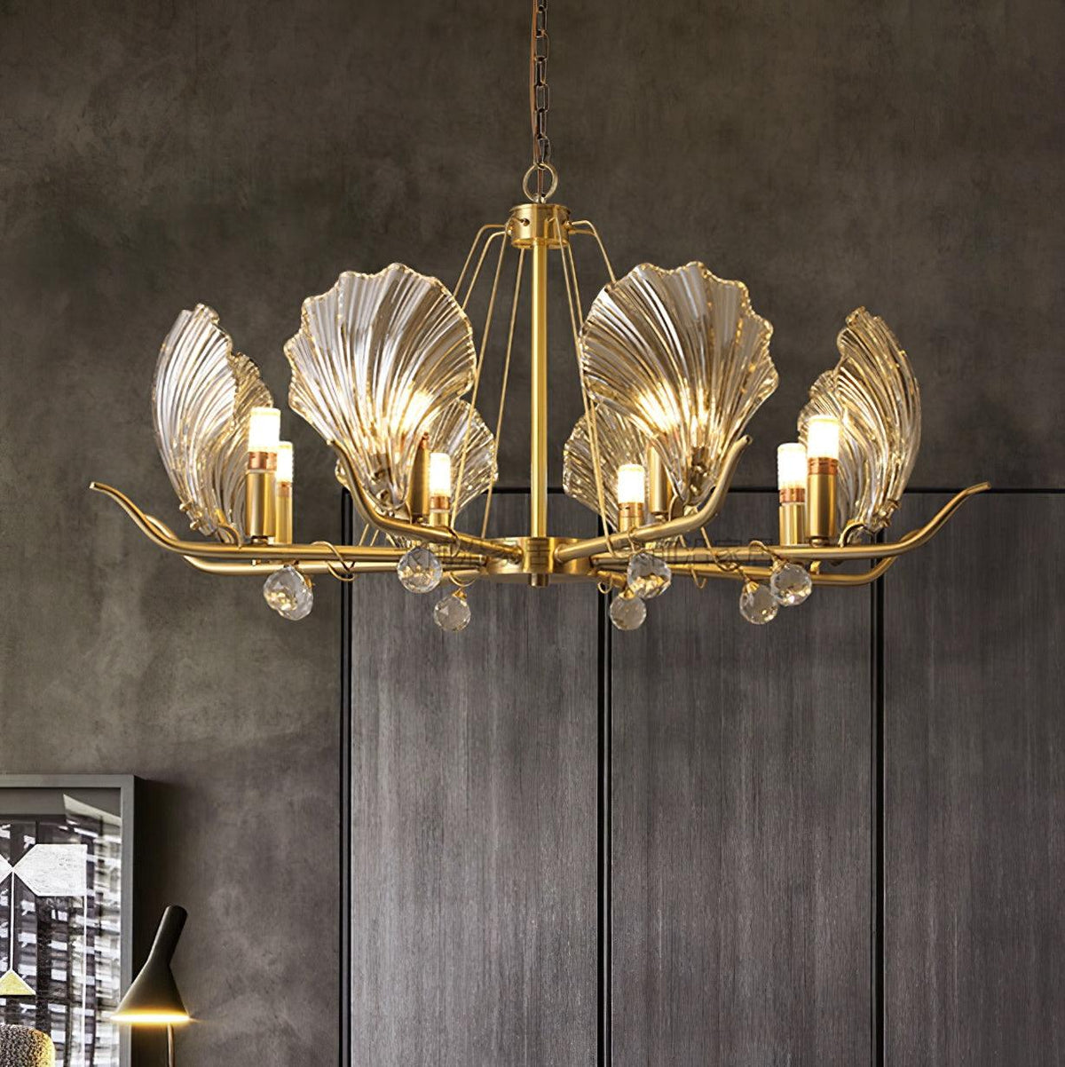 Candeeiro de teto Luxereon em cobre, com folhas de cristal