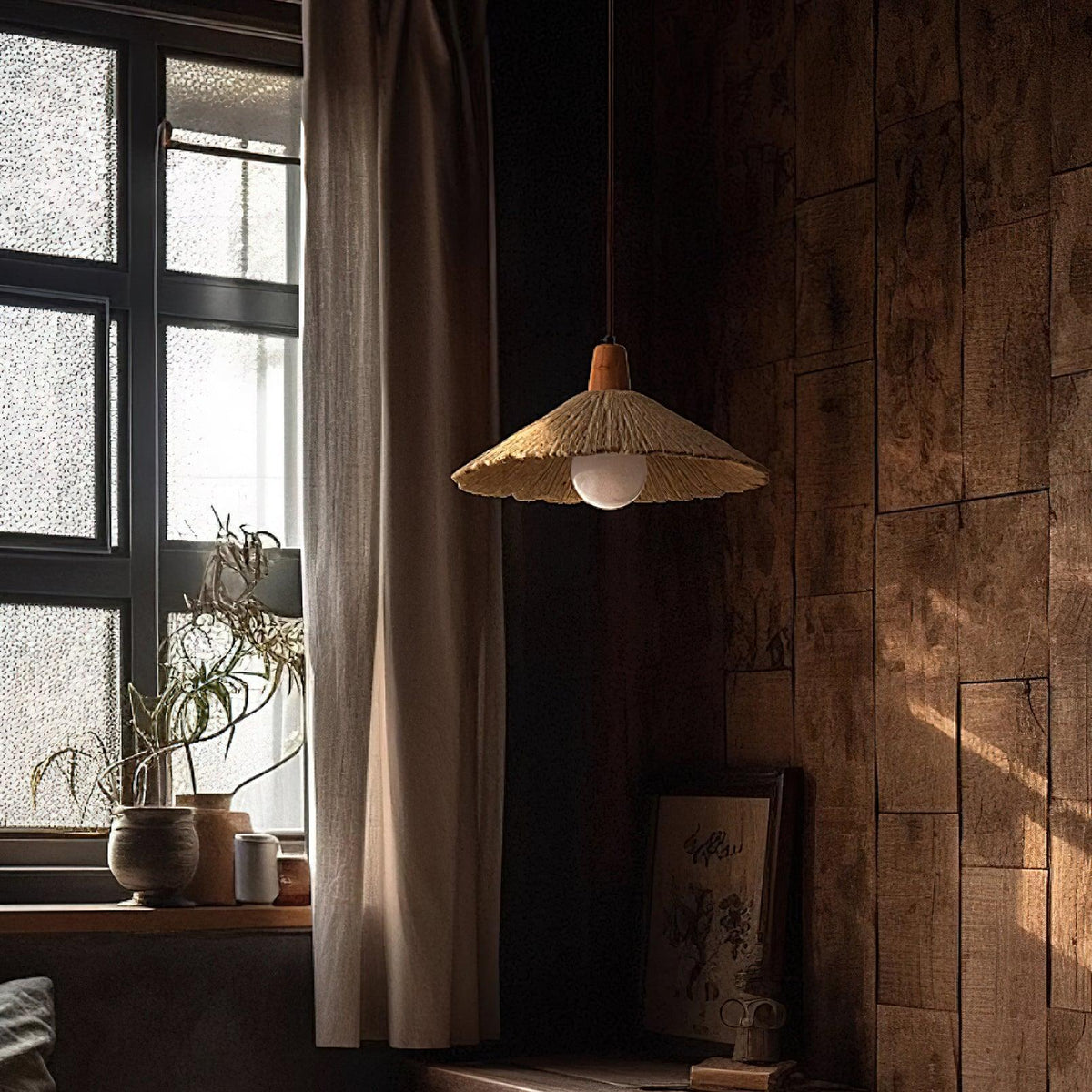 Pendel-lampe med trætophæng og tekstureret cementskærm i grå og naturfarver i japandi-stil