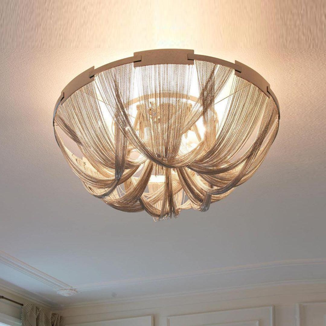 Talj loftslampe med kvaster, aluminiumskæde og nikkelramme