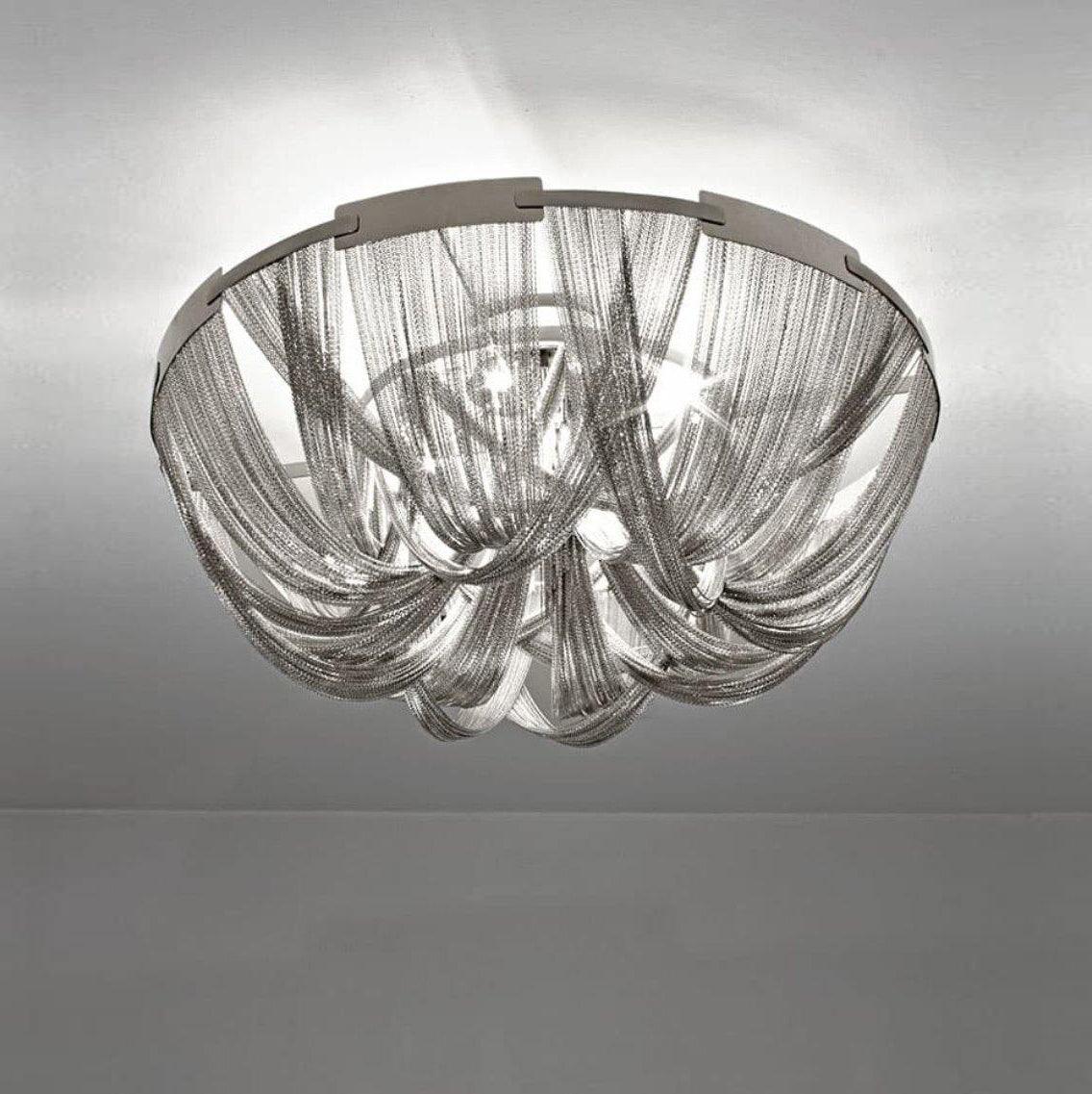 Talj loftslampe med kvaster, aluminiumskæde og nikkelramme