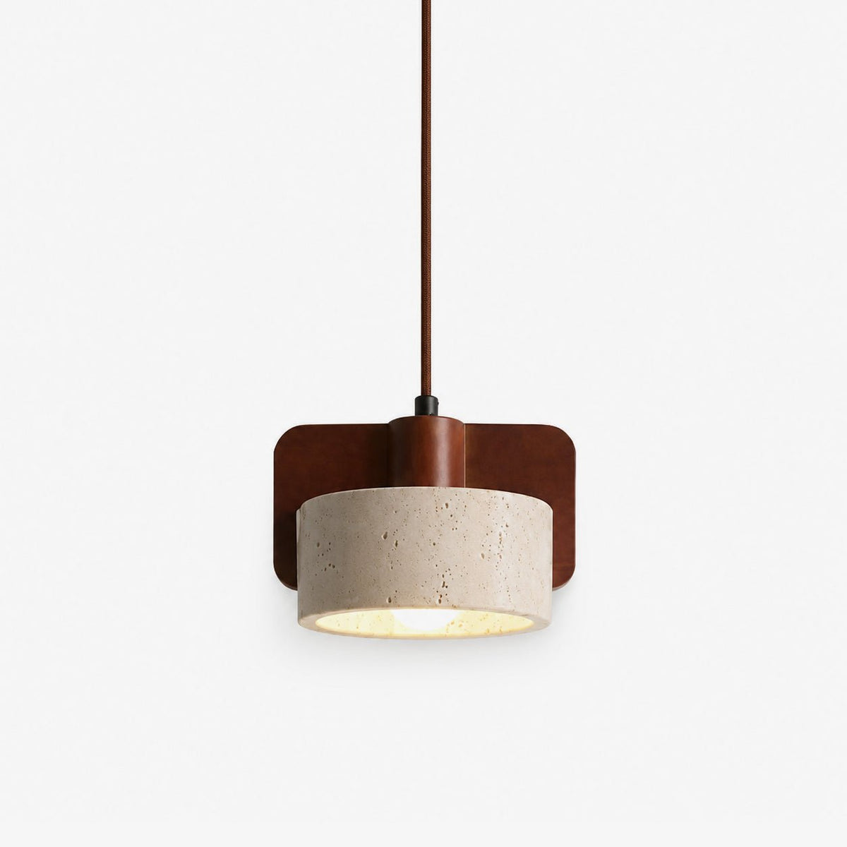 Trumformad pendellampa i trä och travertin, squircle-formad