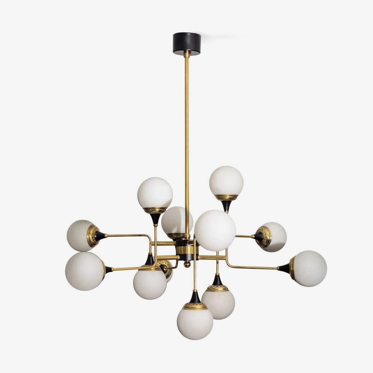 Candeeiro de lustre Stilnovo de latão e vidro preto Wasgt