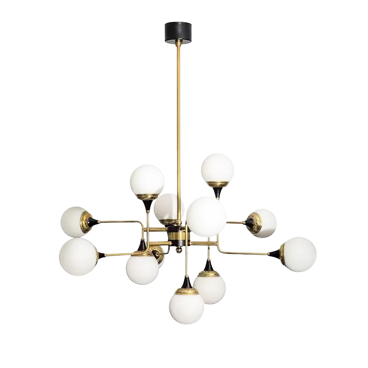 Candeeiro de lustre Stilnovo de latão e vidro preto Wasgt