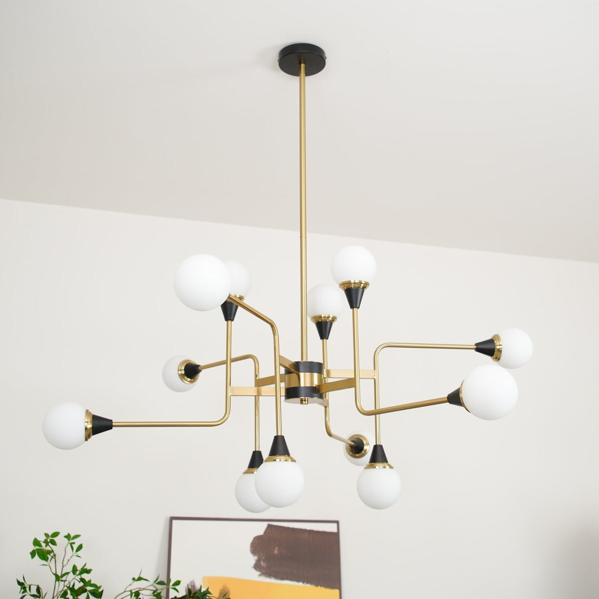 Candeeiro de lustre Stilnovo de latão e vidro preto Wasgt