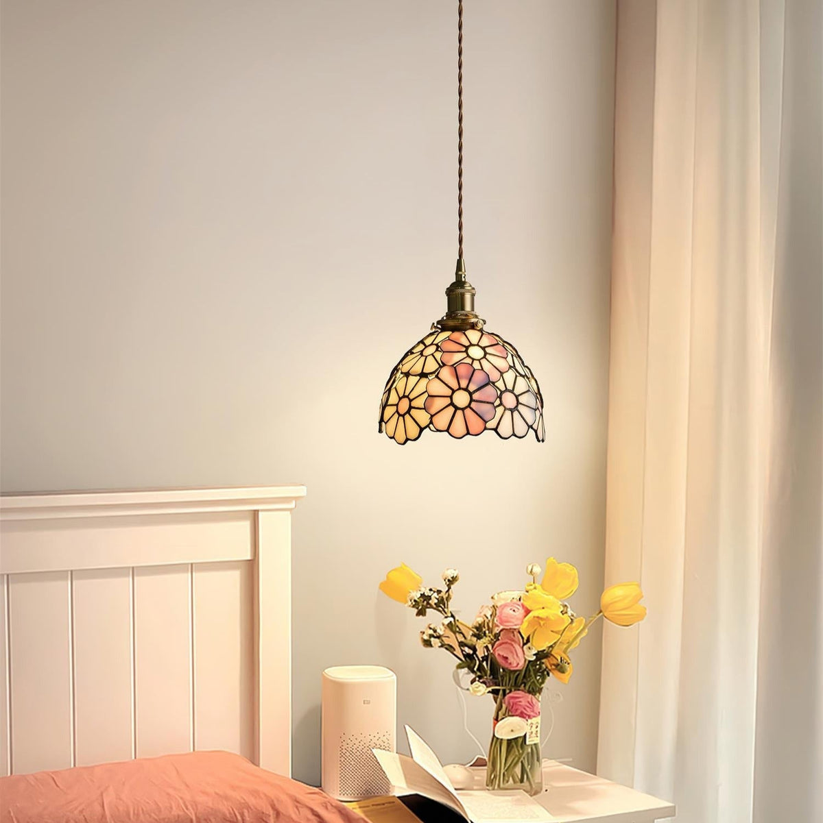 Blåklokke-pendellampe med blomstermotiv