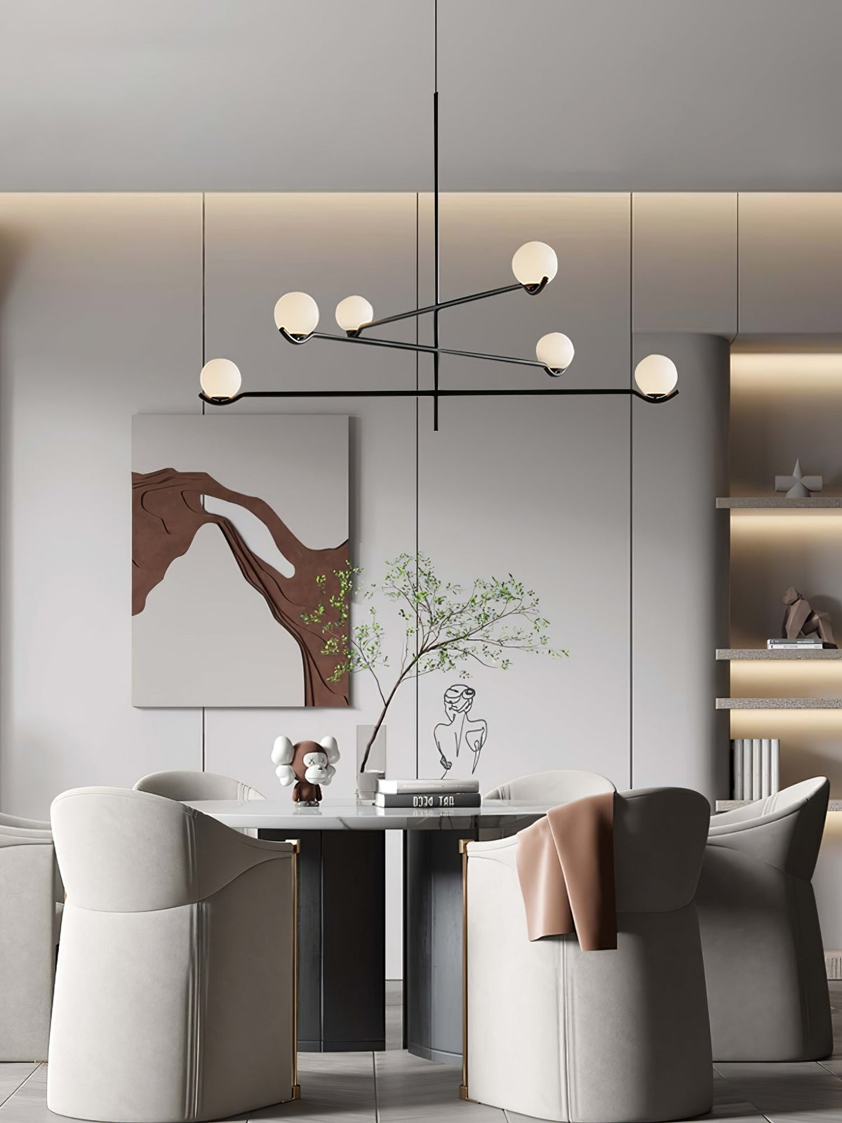 Elvian lysekrone med hvid glaskugle og minimalistisk messing