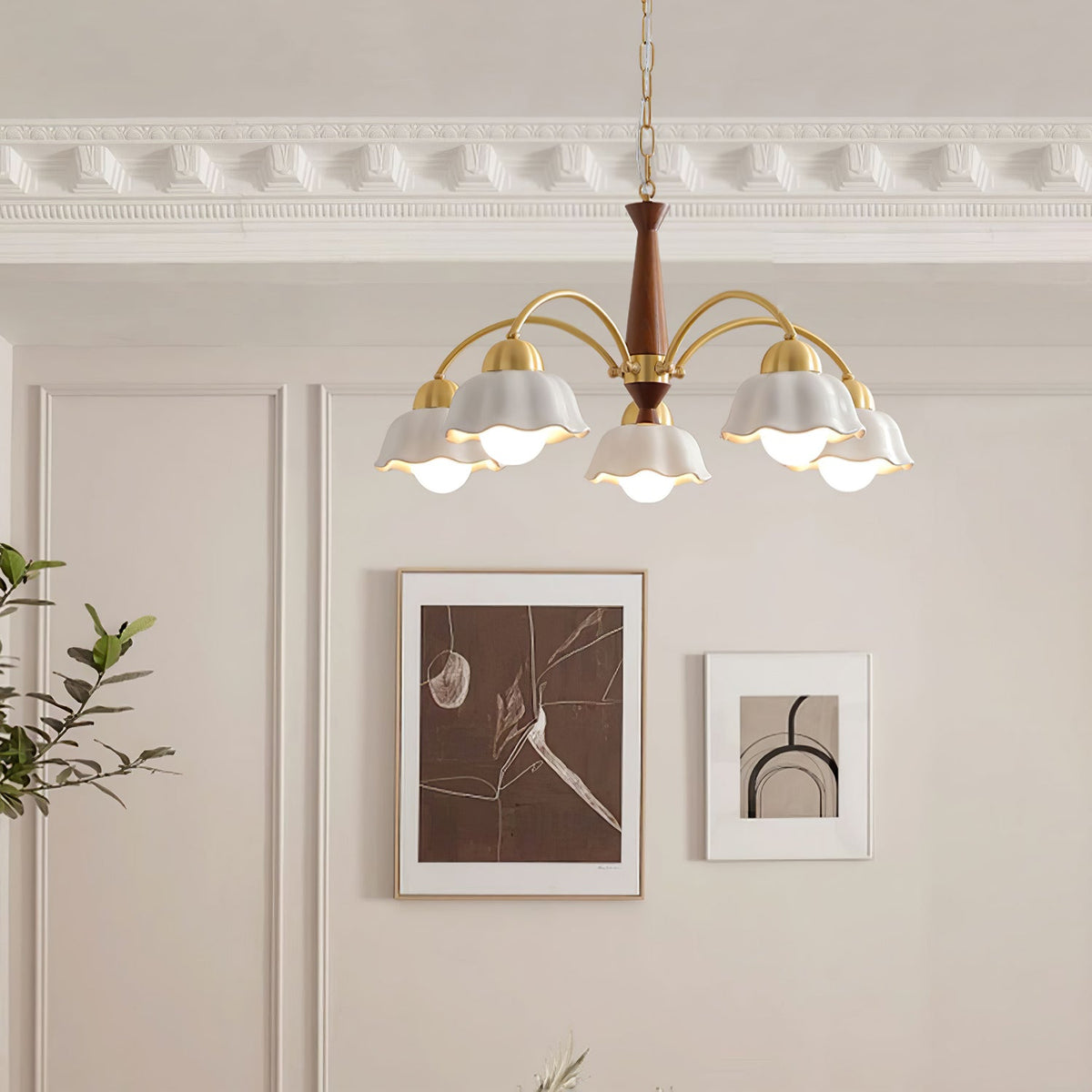 Silva vintage LED-lampi með mörgum blómalöguðum keramíkperum, úr málmi og við, fyrir svefnherbergi og stofu, hengilampi