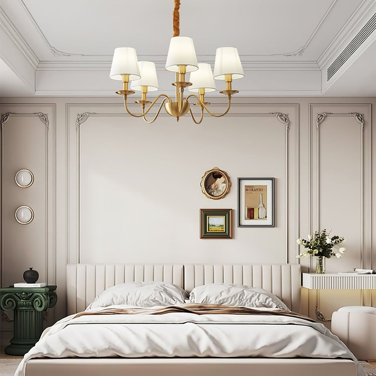 Silva vintage-tyylinen LED-messinkinen metallinen riippuvalaisin useilla kangasvarjostimilla makuuhuoneeseen ja olohuoneeseen
