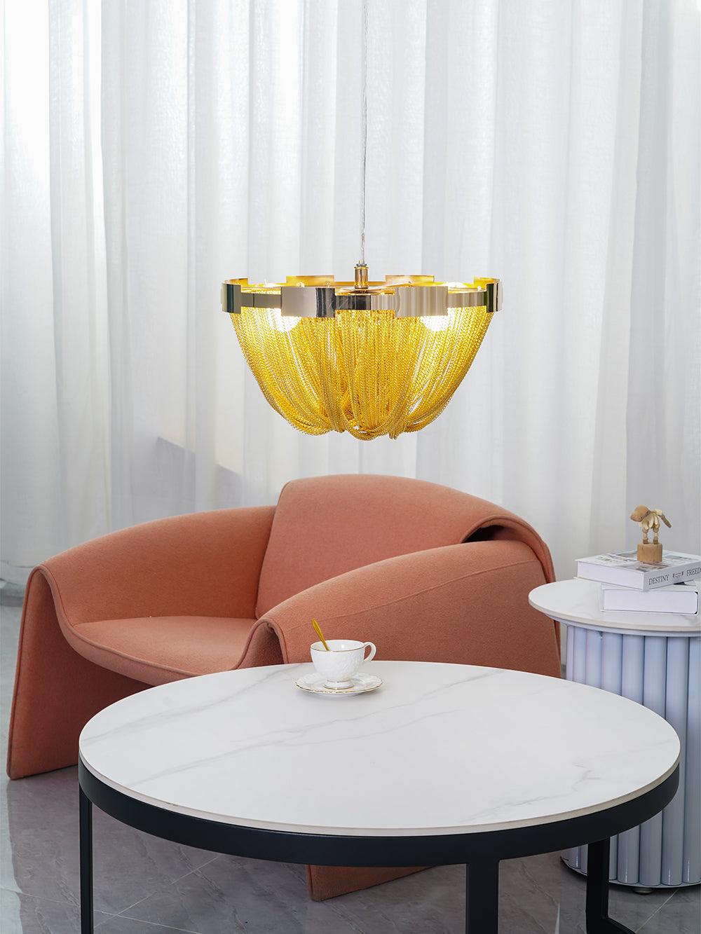 Talj loftslampe med kvaster, aluminiumskæde og nikkelramme
