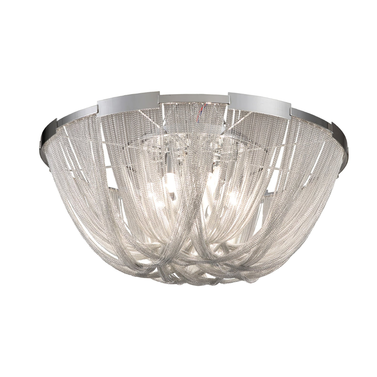 Talj loftslampe med kvaster, aluminiumskæde og nikkelramme