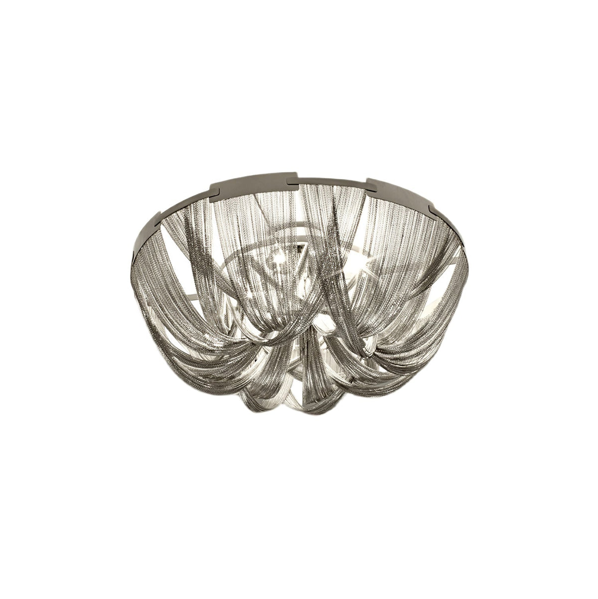 Talj loftslampe med kvaster, aluminiumskæde og nikkelramme