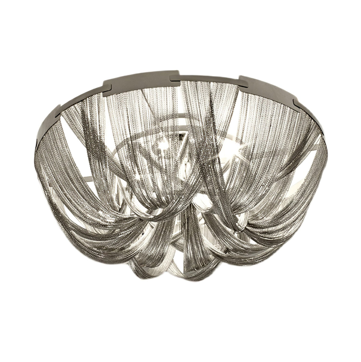 Talj loftslampe med kvaster, aluminiumskæde og nikkelramme