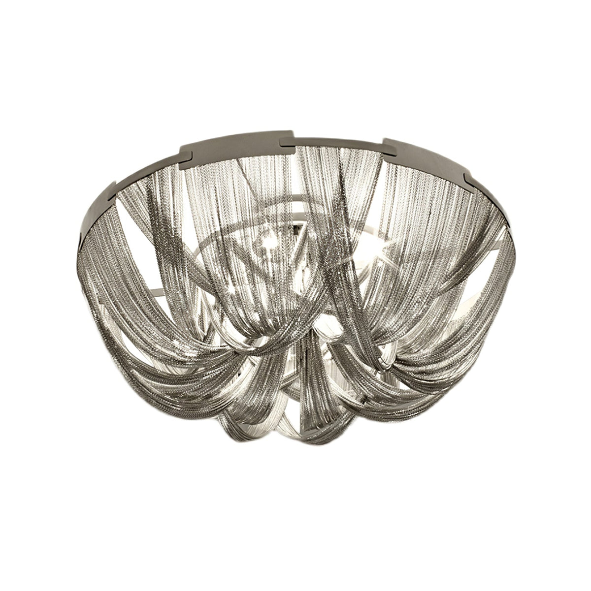 Talj loftslampe med kvaster, aluminiumskæde og nikkelramme
