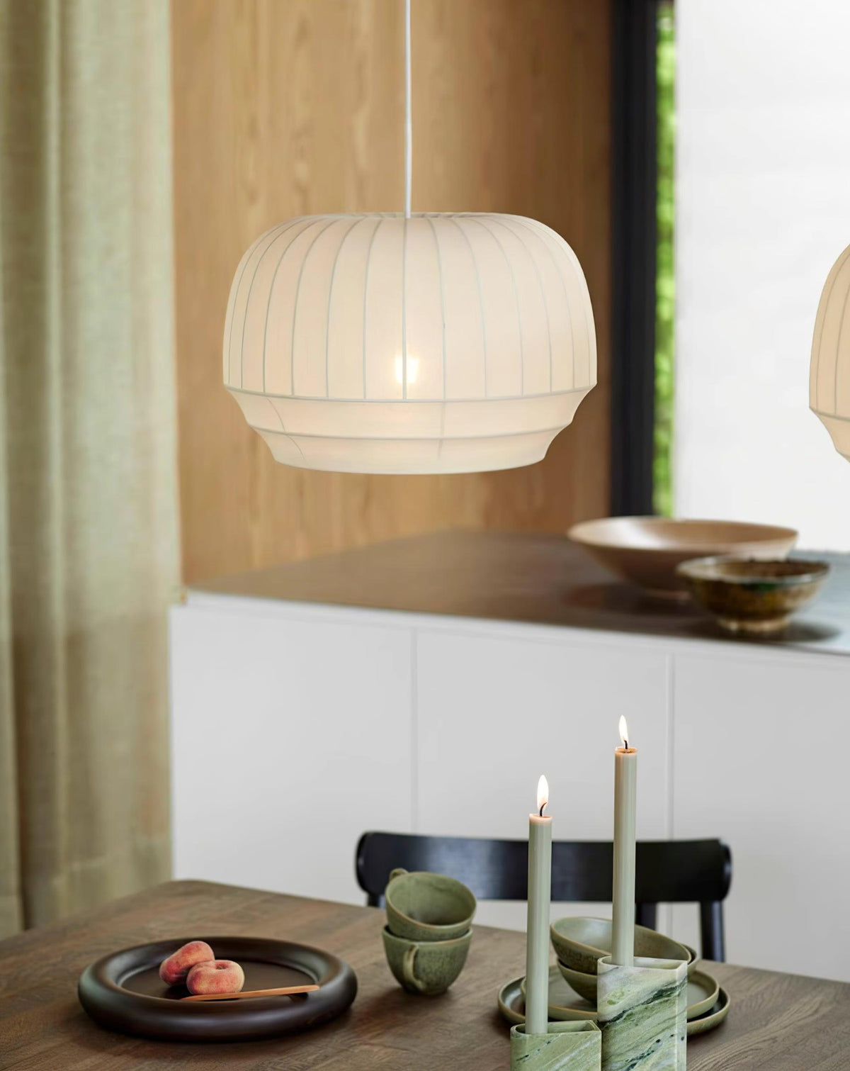 Taro Pendant Lamp Silk Shade White Fabric Vertical Lines Soft Modern Minimalist