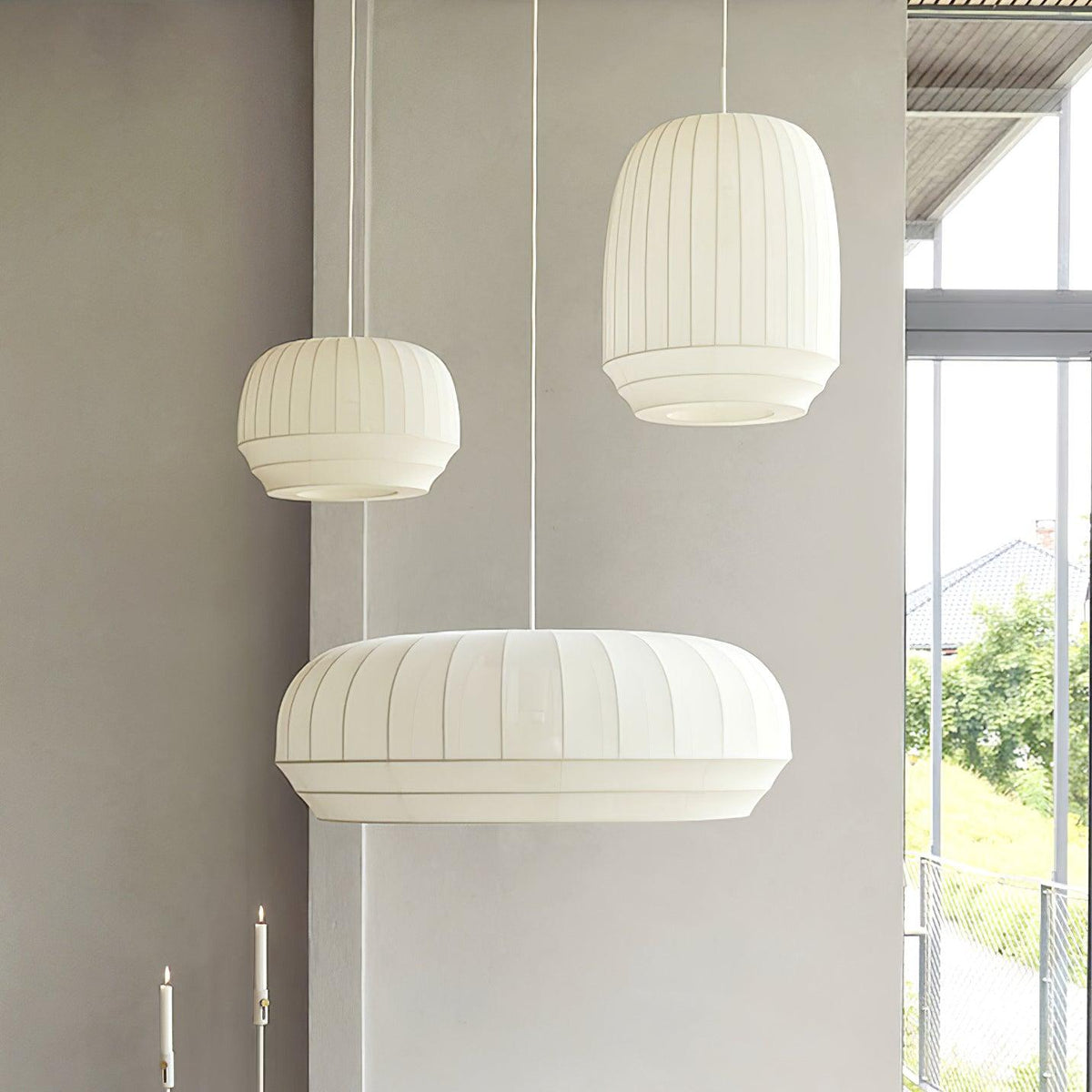 Taro Pendant Lamp Silk Shade White Fabric Vertical Lines Soft Modern Minimalist