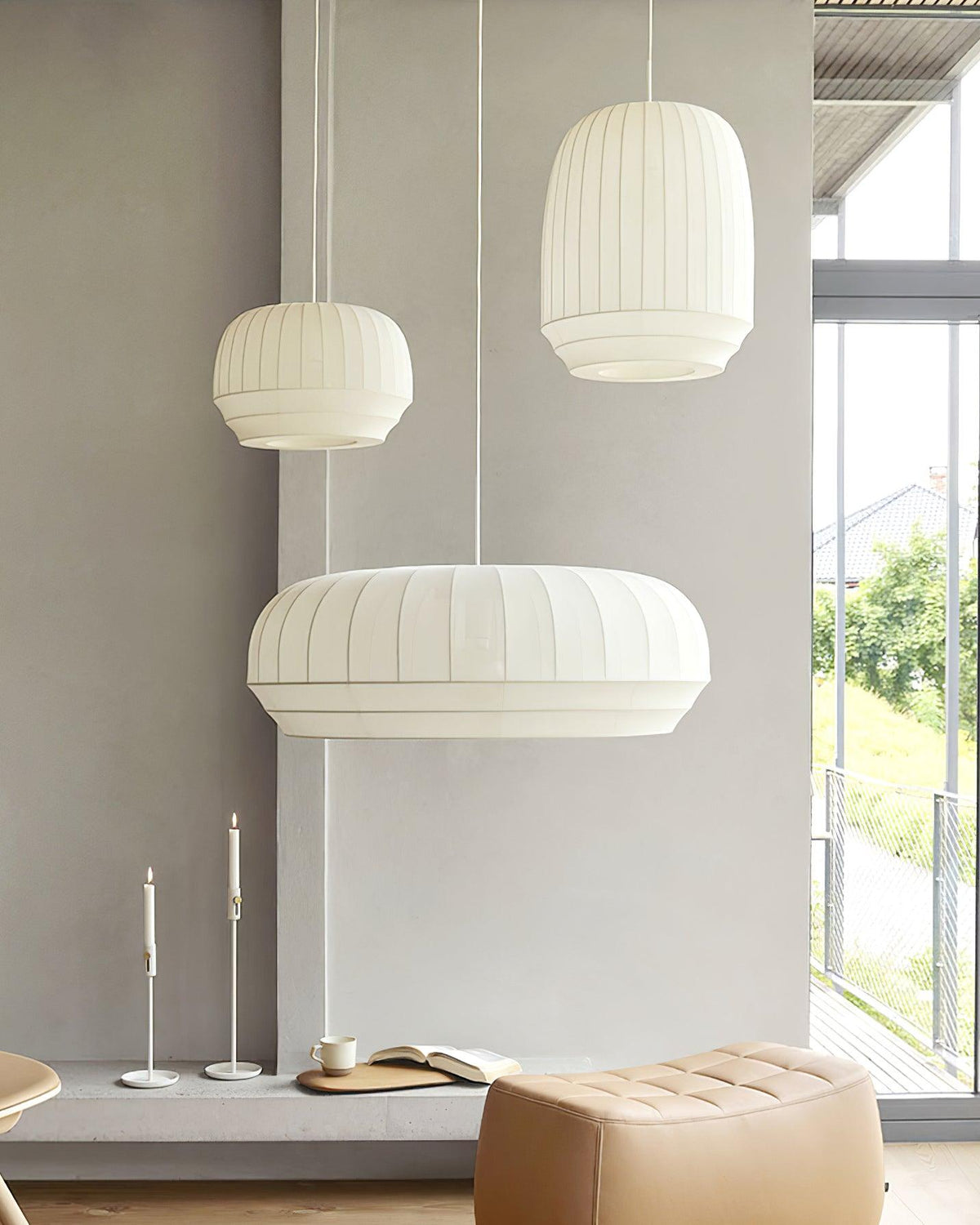 Taro Pendant Lamp Silk Shade White Fabric Vertical Lines Soft Modern Minimalist