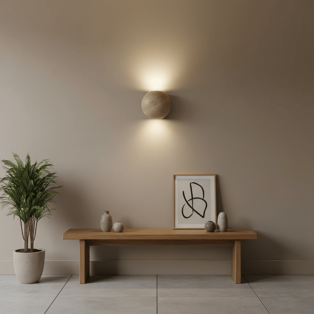 Travian vägglampa med glob i travertin