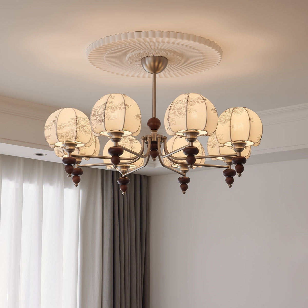 Candeeiro suspenso Comirisra Premium Traditional Petal em tecido e madeira
