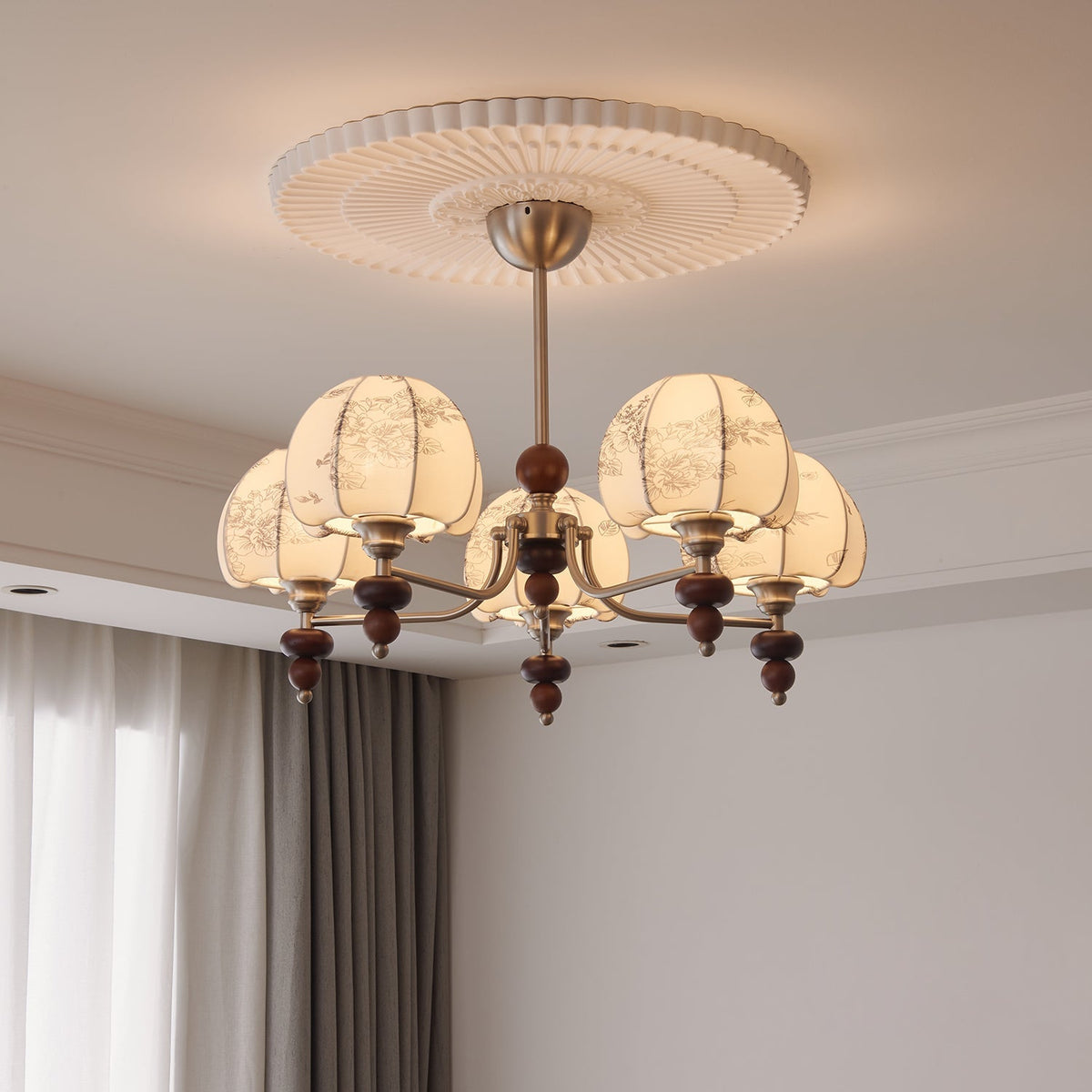 Candeeiro suspenso Comirisra Premium Traditional Petal em tecido e madeira