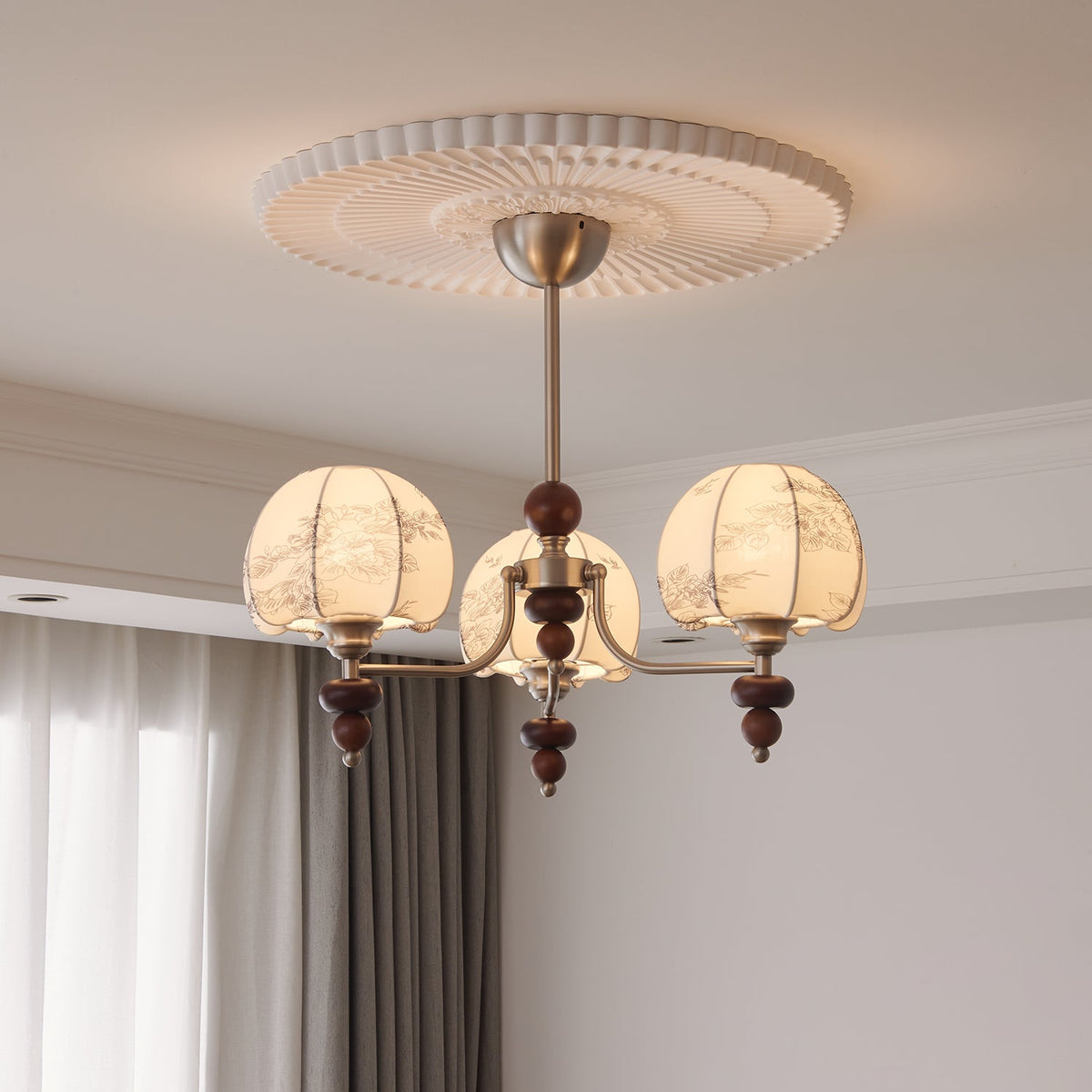Candeeiro suspenso Comirisra Premium Traditional Petal em tecido e madeira