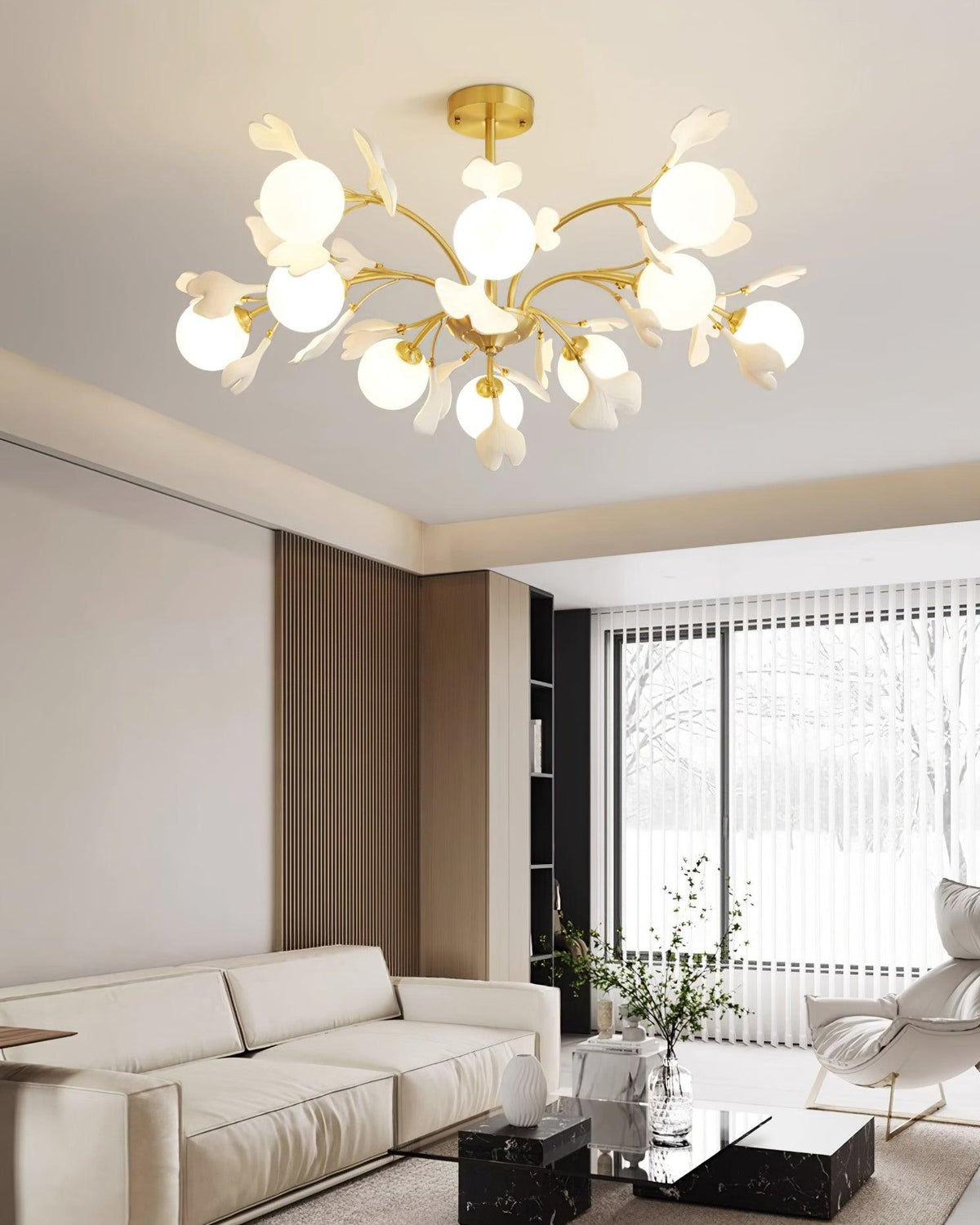 Candeeiro de teto Ginkgo com folhas e globos de vidro fosco