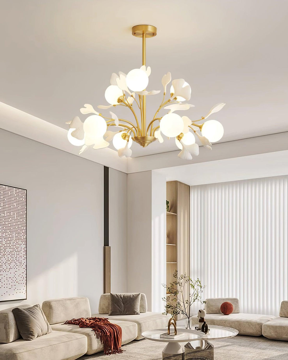 Candeeiro de teto Ginkgo com folhas e globos de vidro fosco